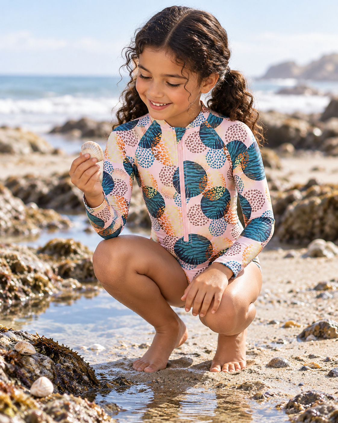 Girl wearing the Girls Long Sleeve Rash Guard Green Dots by Tame The Sun while exploring seashells along the beach, a girls long sleeve rash guard swimsuit with UPF 50 sun protection for active outdoor play.