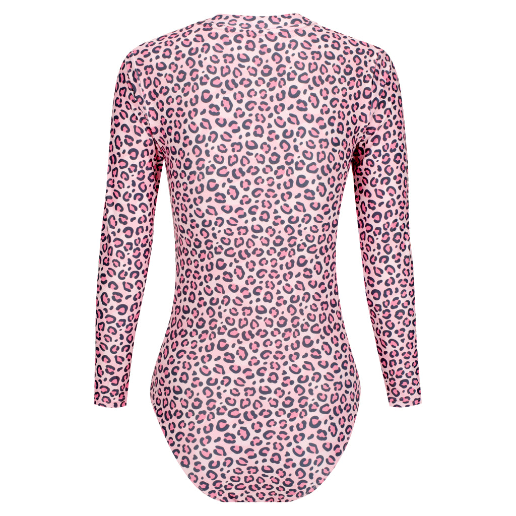 Pink leopard print bodysuit on a white background