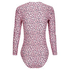 Pink leopard print bodysuit on a white background